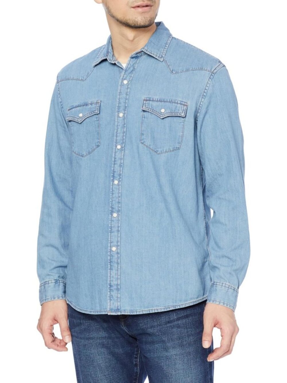 Slim-Fit Long-Sleeve Denim Western Shirt, Lightweight Cotton, Snap Buttons
